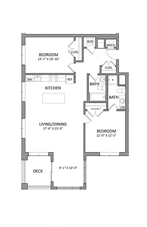Floor plan for 2 beds, 2 baths, 1096 sqft